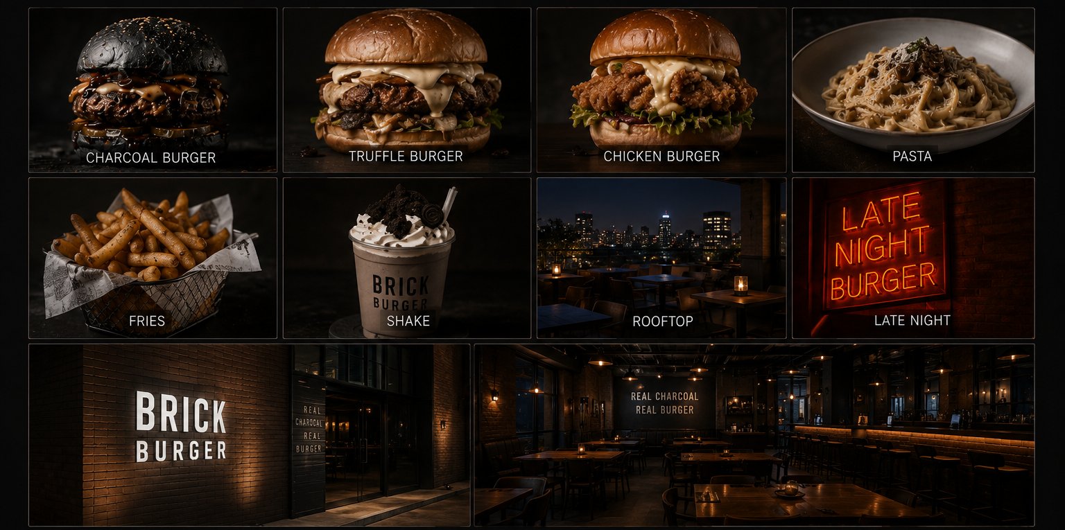BRICK BURGER 메뉴와 공간 자산: 차콜버거, 트러플버거, 치킨버거, 파스타, 감자튀김, 쉐이크, 루프탑, 심야영업